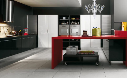 Black-Laminated-Wooden-Kitchen-Island-With-Red-Stained-Wooden-Bar-Table-Also-Black-Laminated-Wooden-Shelf-Modern-Kitchen-Interior-Design-Inspiration
